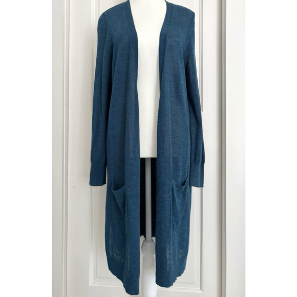 HALOGEN Large Linen Blend Teal Open Front Longline Cardigan Sweater Minimalist - Picture 1 of 10